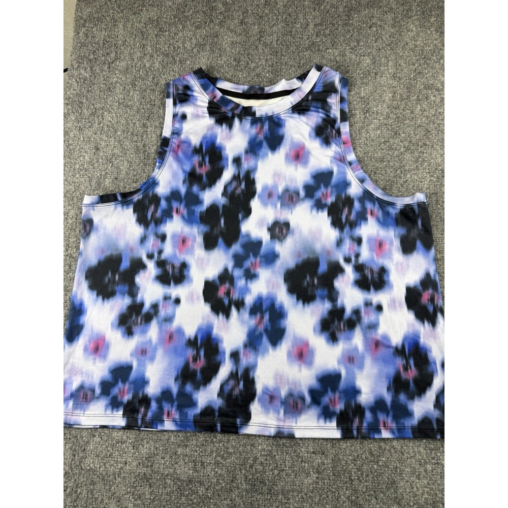Womens XL Cropped Tank Top Blue Floral Print Lightweight Stretch Crew Neck EUC